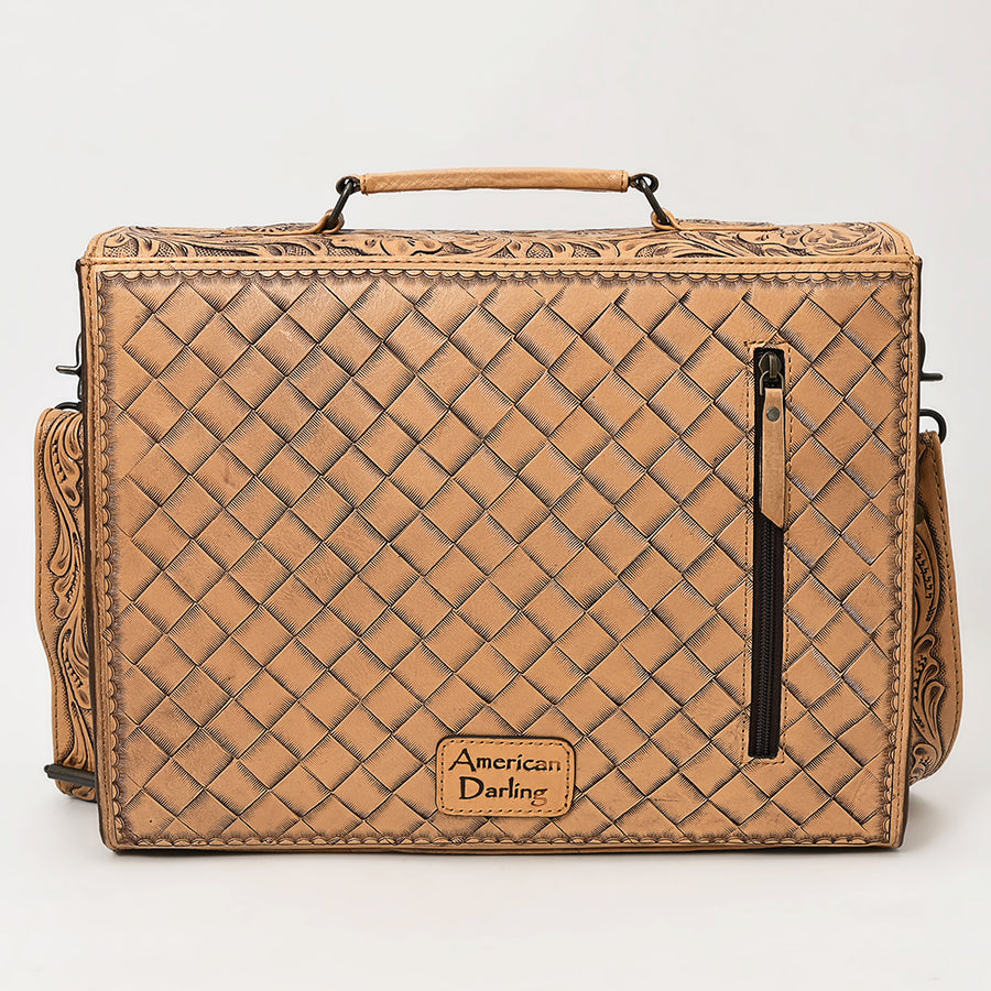 American Darling Western Laptop Briefcase Handcrafted from Hand Tooled Genuine Leather | Floral Carved Flap & Basketweave Body