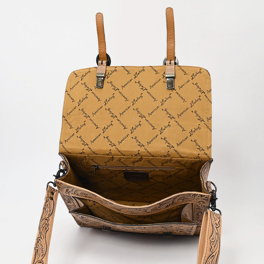 American Darling Western Laptop Briefcase Handcrafted from Hand Tooled Genuine Leather | Floral Carved Flap & Basketweave Body