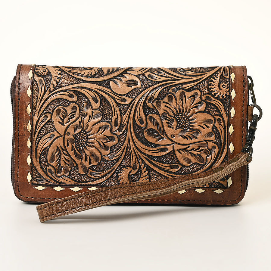 American Darling Western Wristlet Pouch Handcrafted from Tooled Genuine Leather Wallet | Floral Carved Flap & Contrast Buckstitch Detail