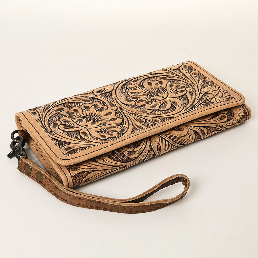 American Darling Western Trifold Wallet Handcrafted from Hand-Tooled Genuine Leather | Floral Carved Organizer with Detachable Wristlet