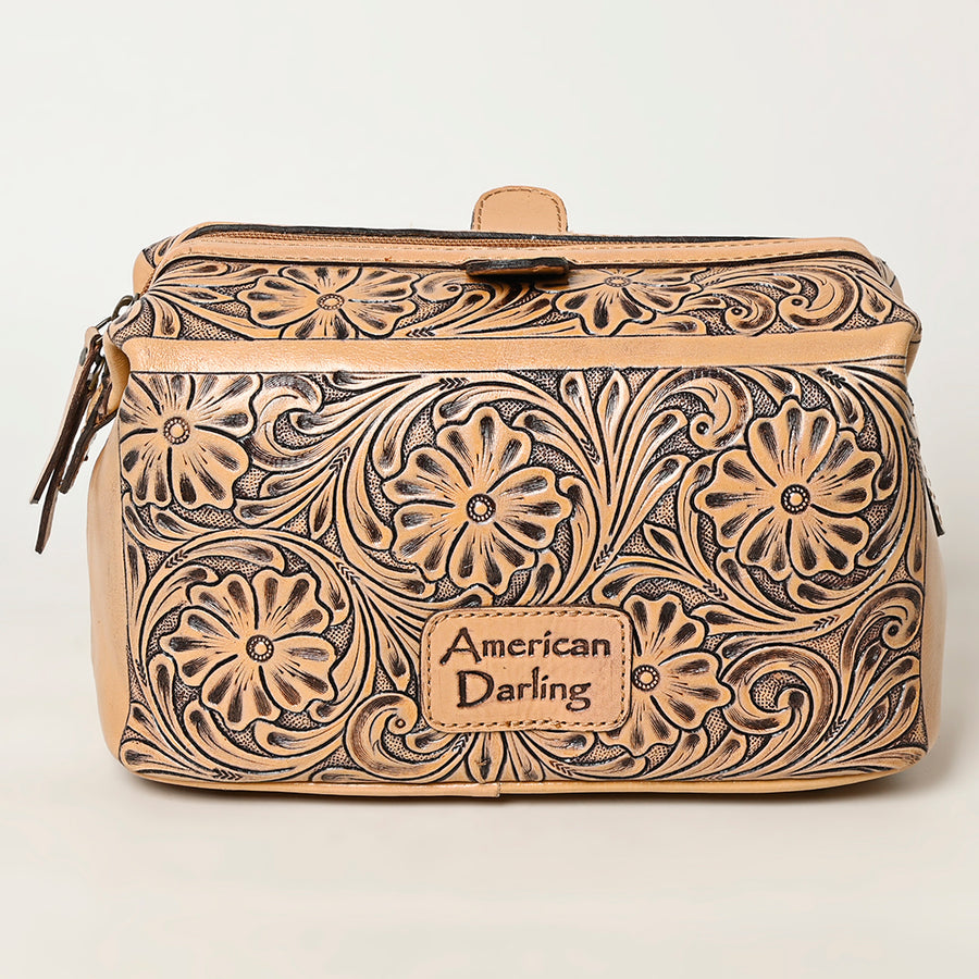 American Darling Western Hand-Tooled Leather Vanity Case Organizer | Handcrafted Travel Makeup Bag with Handle and Secure Zip Closure