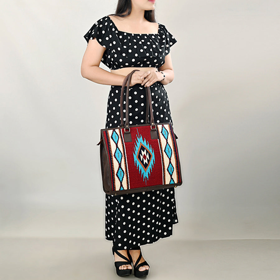 American Darling Hand Woven Saddle Blanket Tote Bag Vegetable-Tanned Genuine Leather Western Purse with YKK Zipper