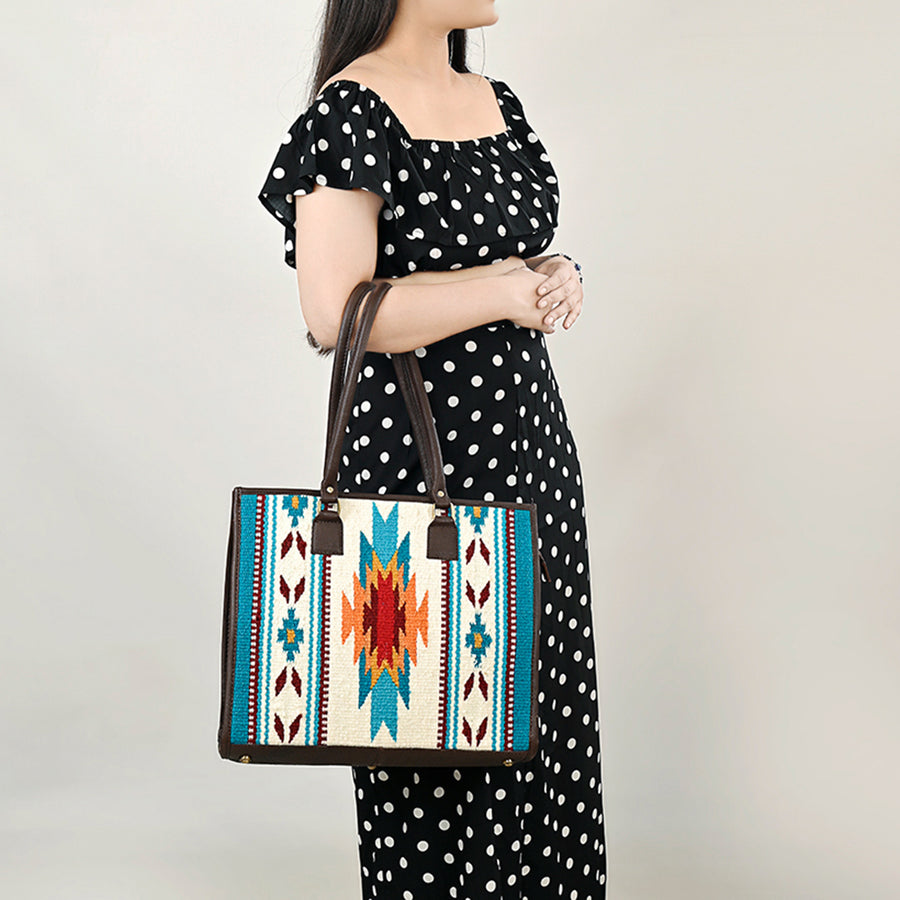 American Darling Hand Woven Saddle Blanket Tote Bag Vegetable-Tanned Genuine Leather Western Purse with YKK Zipper
