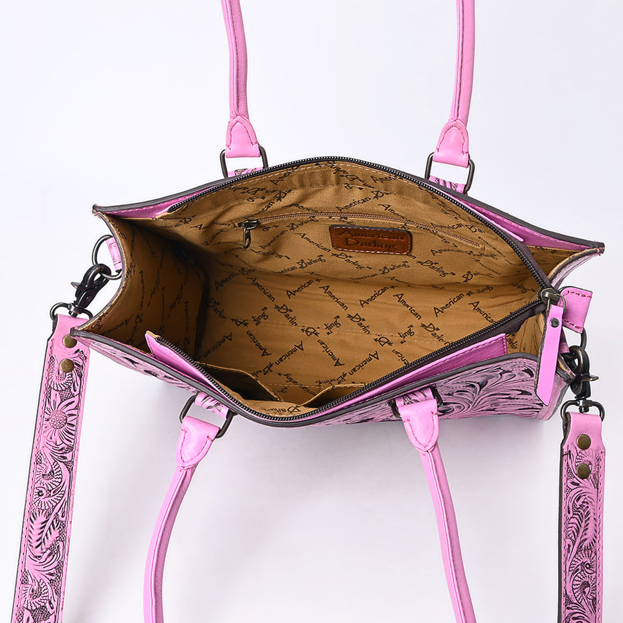 American Darling Western Tote Bag Handcrafted from Pink Hand-Tooled Genuine Leather | Floral Carved Purse with Dual Front Zip Pockets