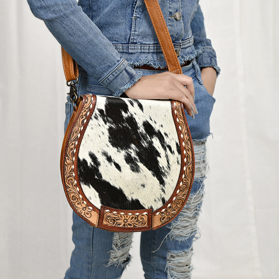 American Darling Hair-On Cowhide Western Leather Crossbody Bag – Genuine Leather with Hand-Tooled Detailing – Everyday Women’s Purse