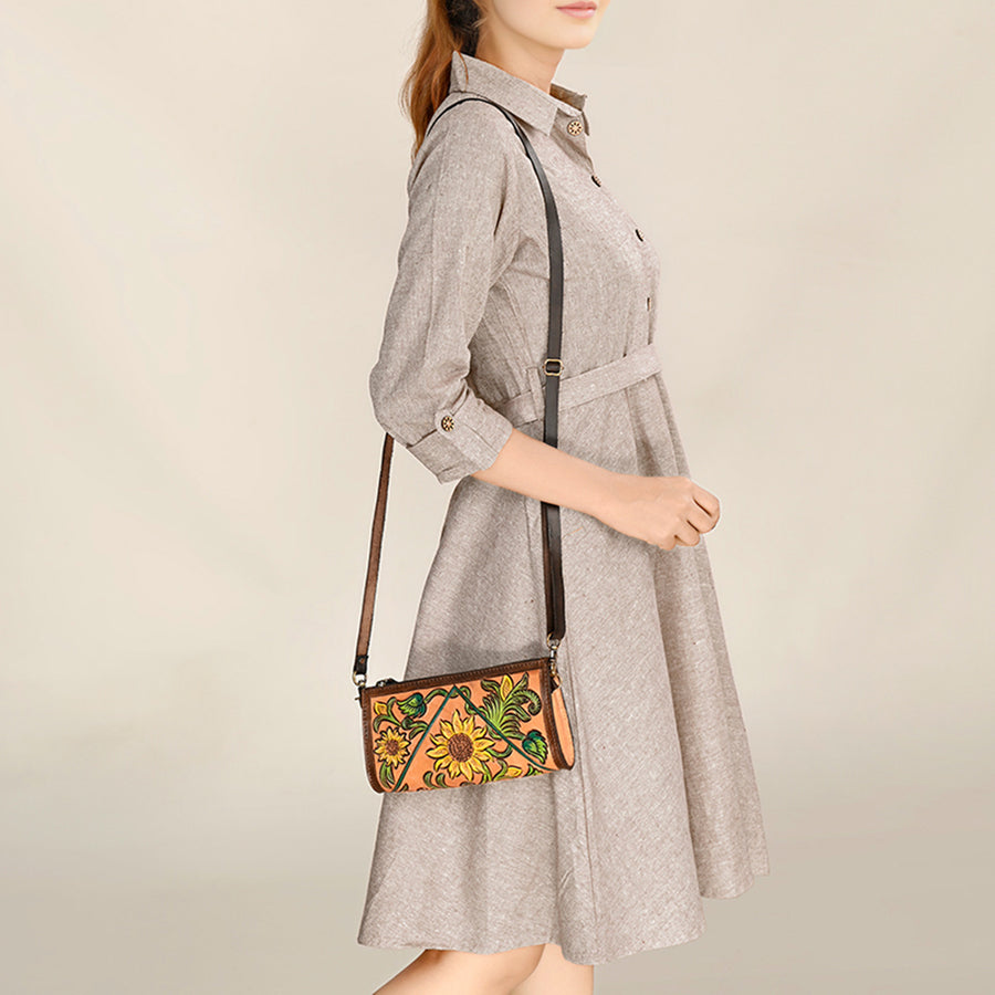 American Darling Hand Tooled Floral Carved Small Cross body Bag Eco-Friendly Vegetable-Tanned Genuine Leather YKK Zipper
