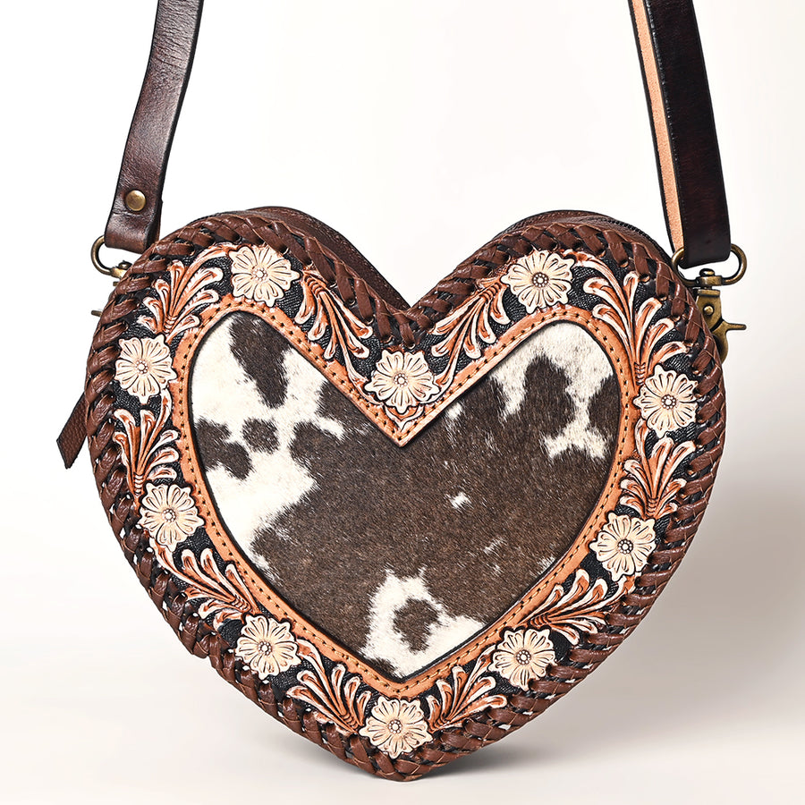 American Darling Hair-On Cowhide Hand Tooled Floral Carved Canteen Bag Braided Western Genuine Leather Crossbody YKK Zipper