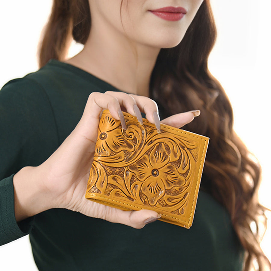 American Darling Western Bifold Wallet Handcrafted from Tooled Genuine Leather | Floral Carved Design with Multiple Card Slots