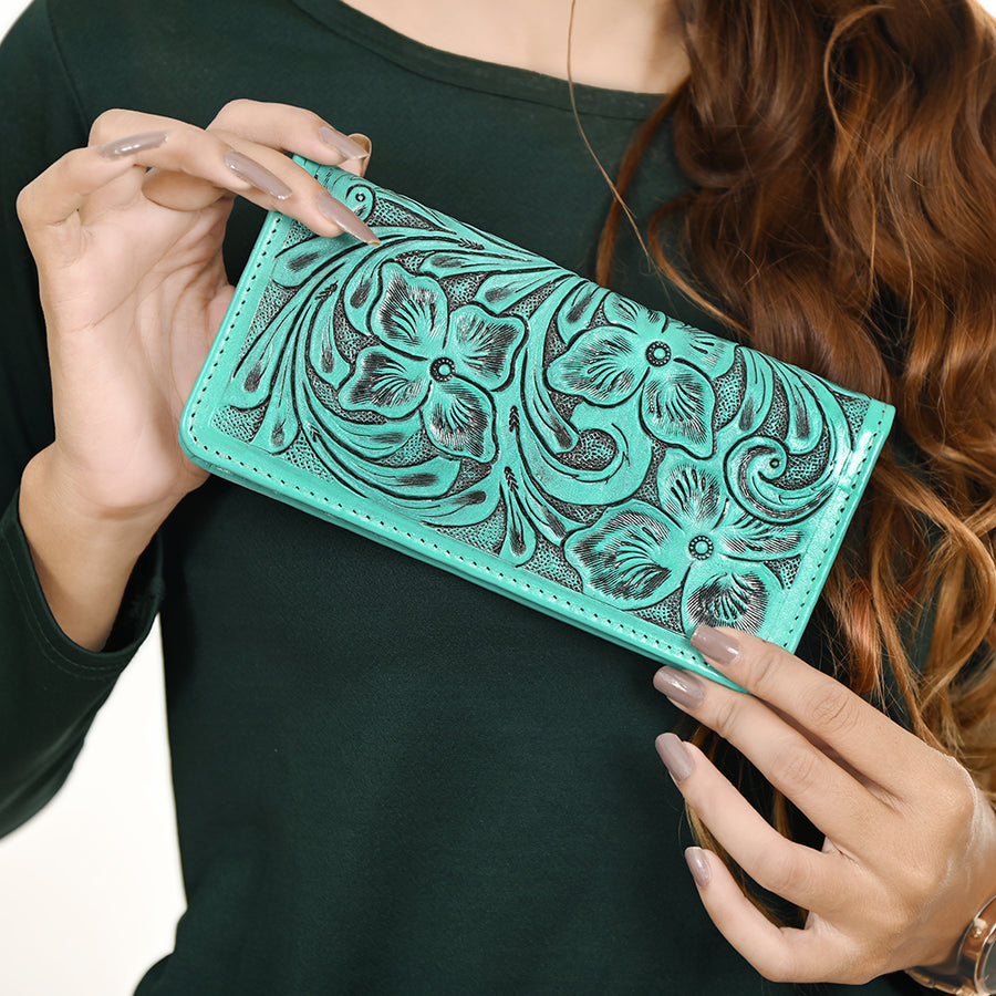 American Darling Hand-Tooled Genuine Leather Wallet Handbag – Floral Carved Western Women’s Wallet with Card Slots & Bill Compartments