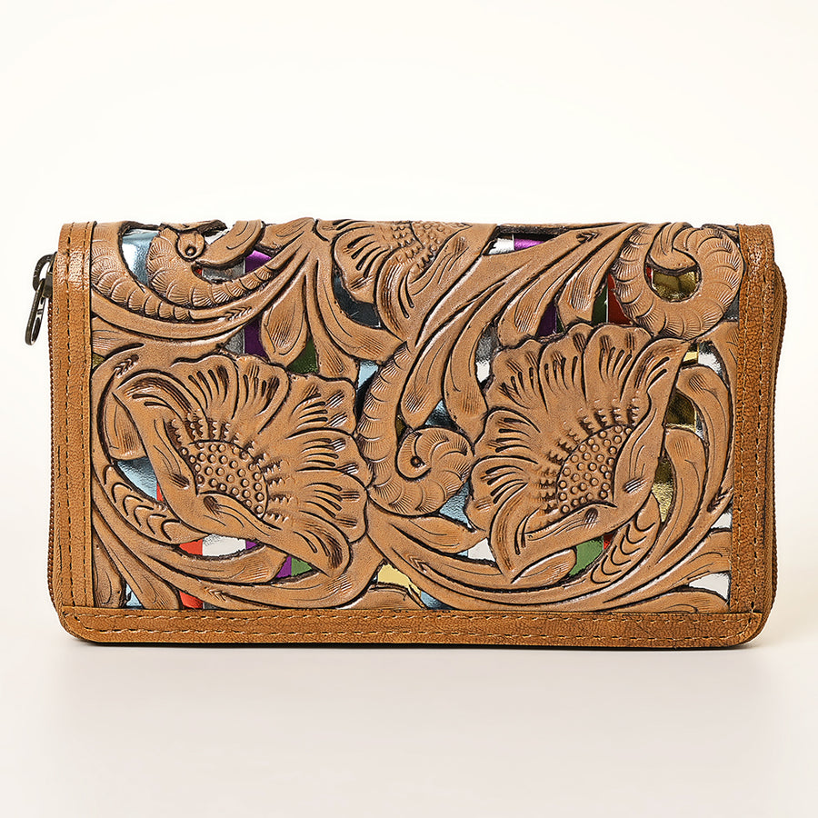American Darling Hand-Tooled Genuine Leather Wallet Bag – Floral Carving, Durable Zip-Around Design, Multi-Compartment Organizer for Women