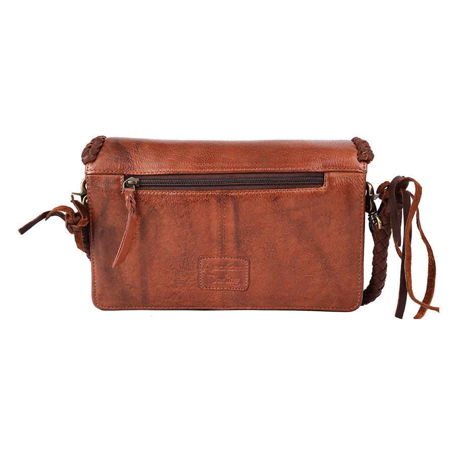 American Darling Wallet Western Genuine Leather Handcrafted Purse with Fringes, Braided Strap and Turquoise Stone