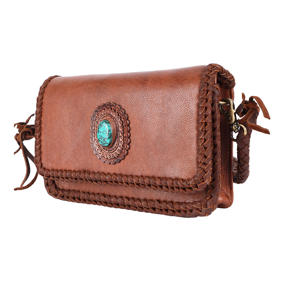 American Darling Wallet Western Genuine Leather Handcrafted Purse with Fringes, Braided Strap and Turquoise Stone