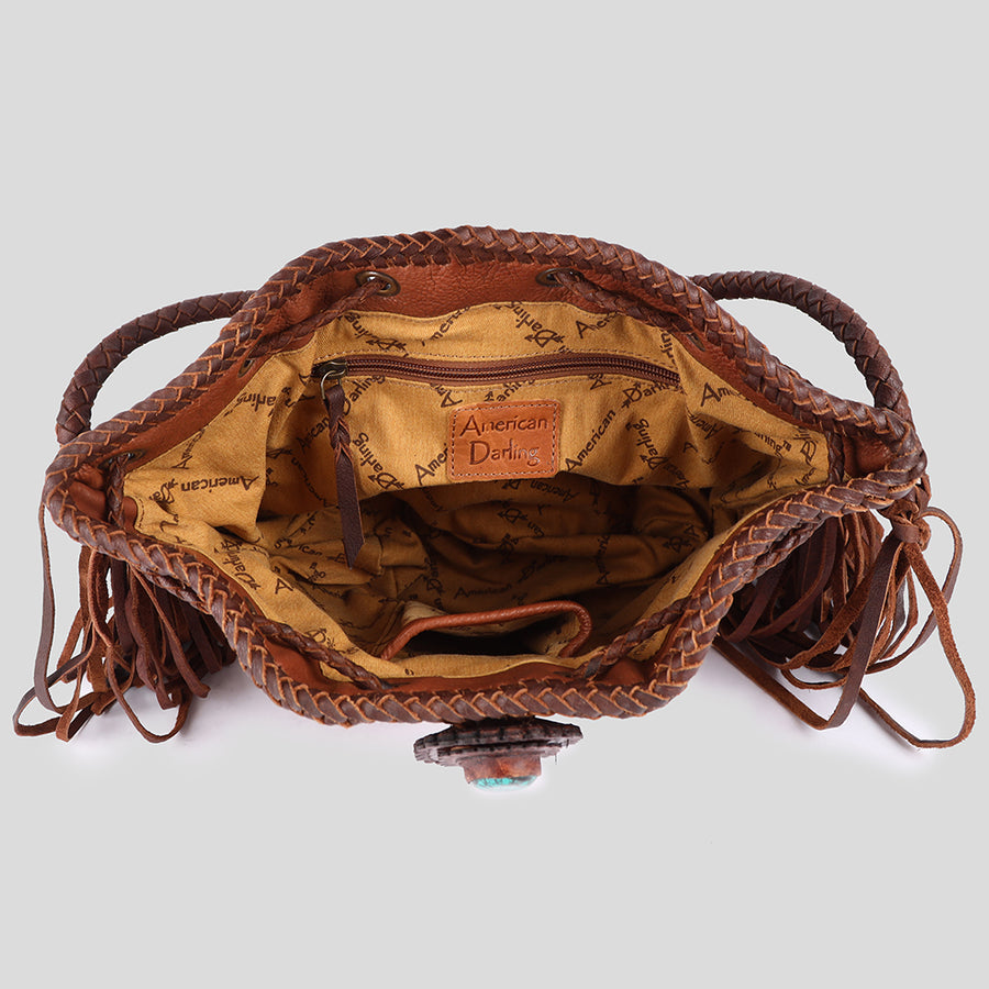 American Darling Bucket Bag Western Genuine Leather Handcrafted Purse with Fringes, Braided Strap and Turquoise Stone