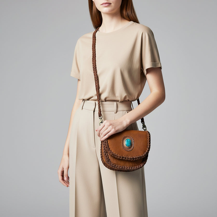 American Darling Cross body Bag Western Genuine Leather Handcrafted Purse with Turquoise Stone and Braided Detail
