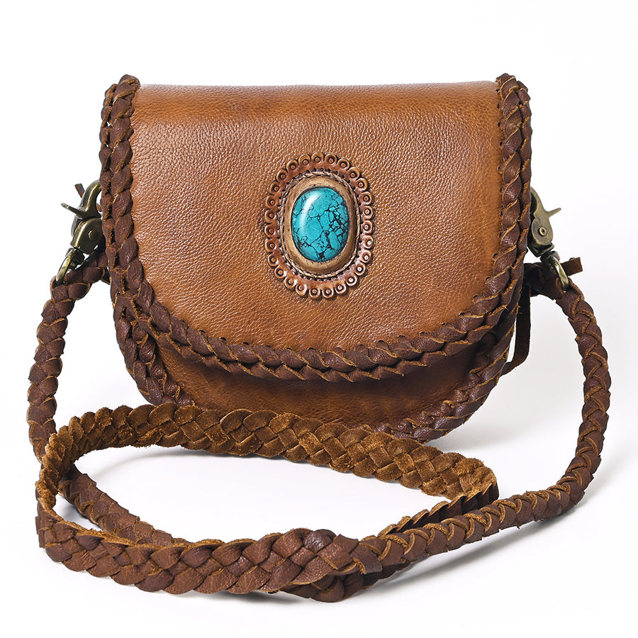 American Darling Cross body Bag Western Genuine Leather Handcrafted Purse with Turquoise Stone and Braided Detail