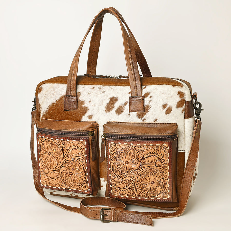 American Darling Tote Bag - Hand Tooled Floral Leather and Hair-On Cowhide Western Bag - Uhorse