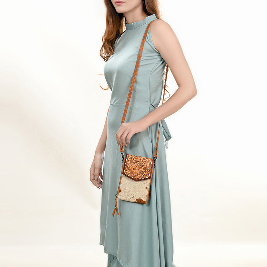 American Darling Cell Phone holder, Genuine Hair-On Cowhide & Full Grain Leather, Western Crossbody Bag, 7in X 4in X 1in