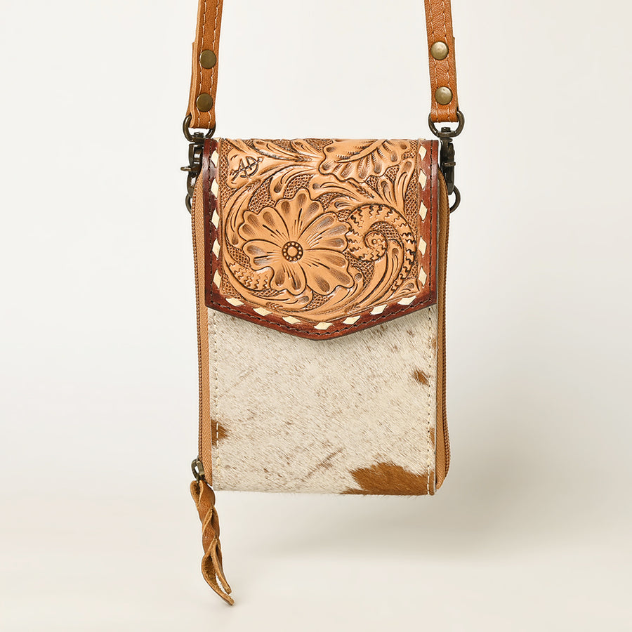 American Darling Cell Phone holder, Genuine Hair-On Cowhide & Full Grain Leather, Western Crossbody Bag, 7in X 4in X 1in