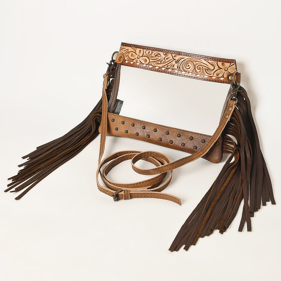 American Darling Hand Tooled Leather Fringe Clear Crossbody | Western Stadium Bag - Uhorse