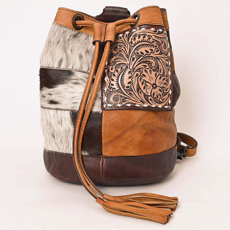 American Darling Western Leather Bucket Bag with Hair-On Cowhide Patchwork, Genuine Leather Build & Hand-Tooled Floral Accent for Everyday Western Style