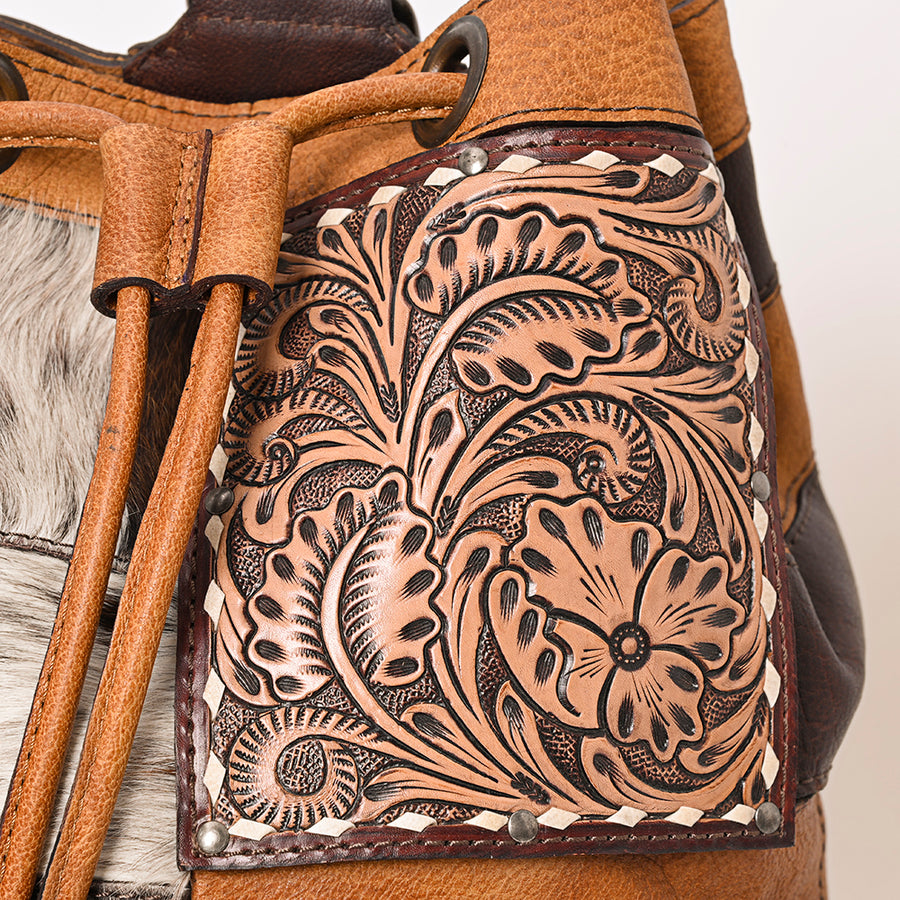 American Darling Western Leather Bucket Bag with Hair-On Cowhide Patchwork, Genuine Leather Build & Hand-Tooled Floral Accent for Everyday Western Style