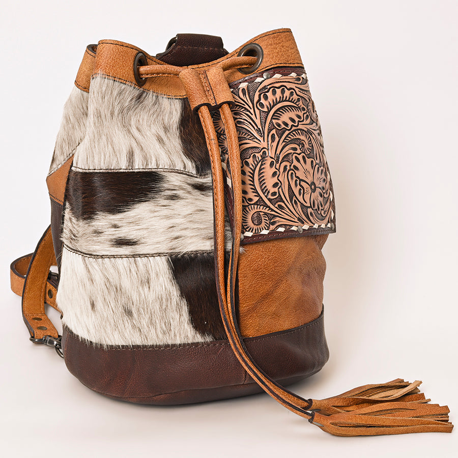 American Darling Western Leather Bucket Bag with Hair-On Cowhide Patchwork, Genuine Leather Build & Hand-Tooled Floral Accent for Everyday Western Style