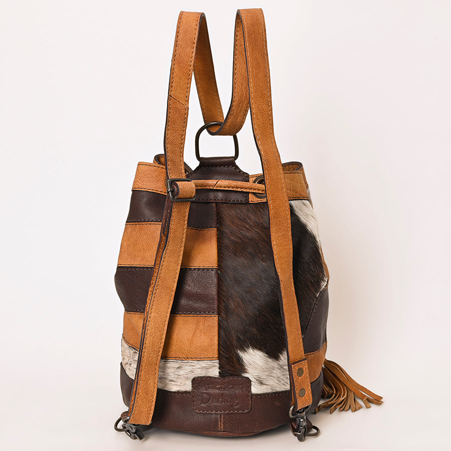 American Darling Western Leather Bucket Bag with Hair-On Cowhide Patchwork, Genuine Leather Build & Hand-Tooled Floral Accent for Everyday Western Style