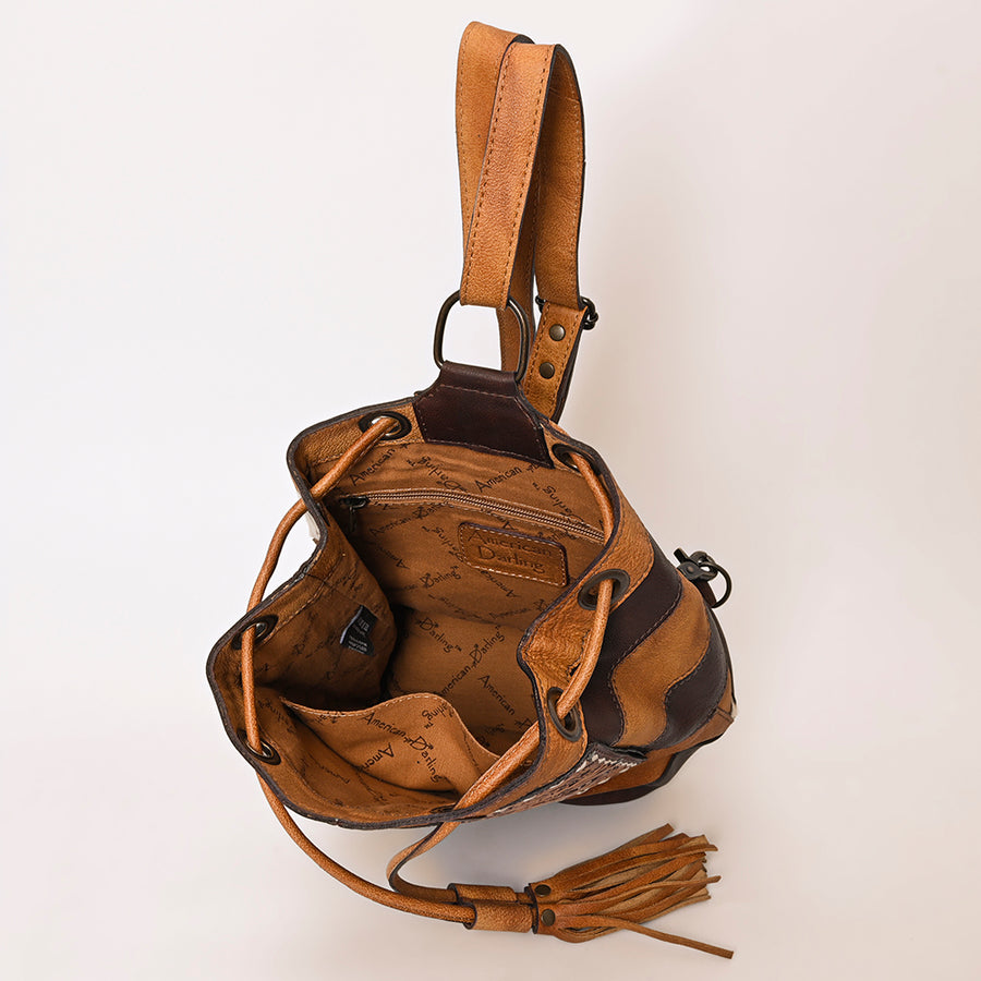 American Darling Western Leather Bucket Bag with Hair-On Cowhide Patchwork, Genuine Leather Build & Hand-Tooled Floral Accent for Everyday Western Style