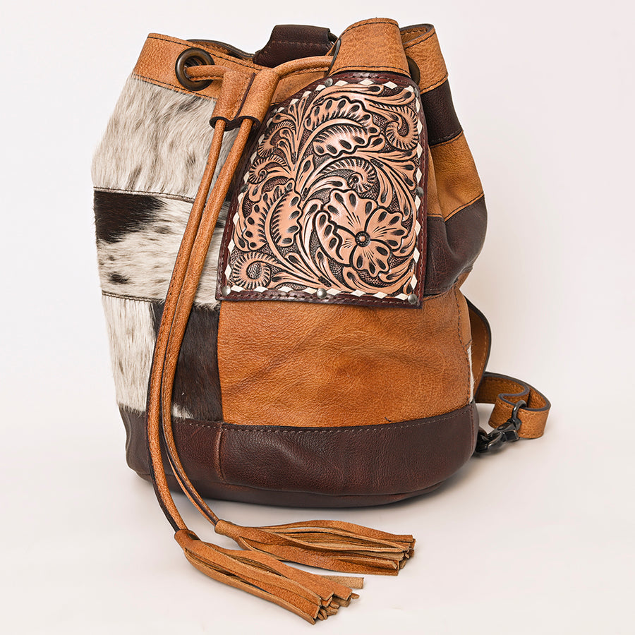 American Darling Western Leather Bucket Bag with Hair-On Cowhide Patches and Tooled Leather Accent - Uhorse