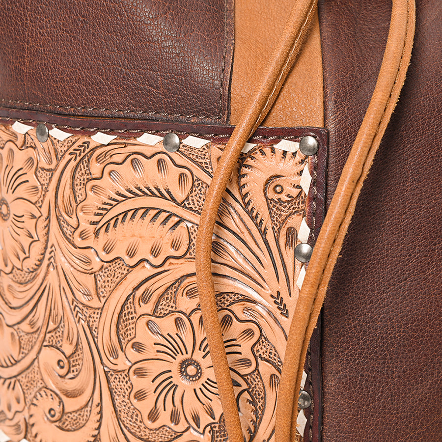 American Darling Western Leather Bucket Bag with Hair-On Cowhide Patchwork, Genuine Leather Build & Hand-Tooled Floral Accent for Everyday Western Style