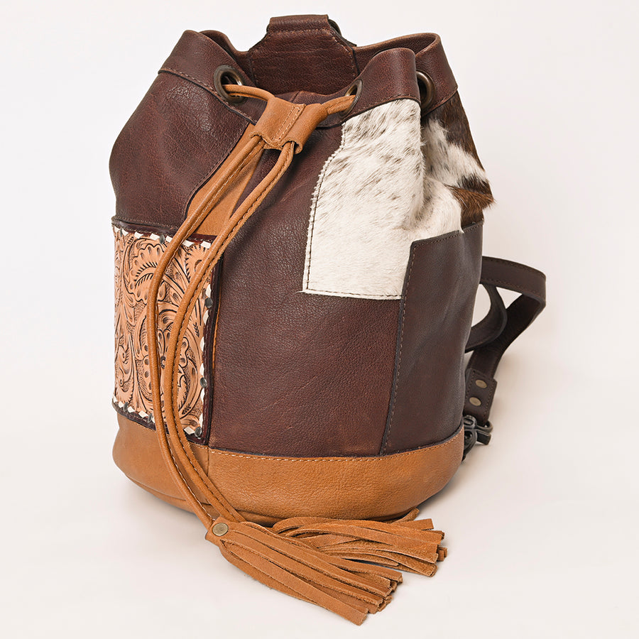 American Darling Western Leather Bucket Bag with Hair-On Cowhide Patchwork, Genuine Leather Build & Hand-Tooled Floral Accent for Everyday Western Style