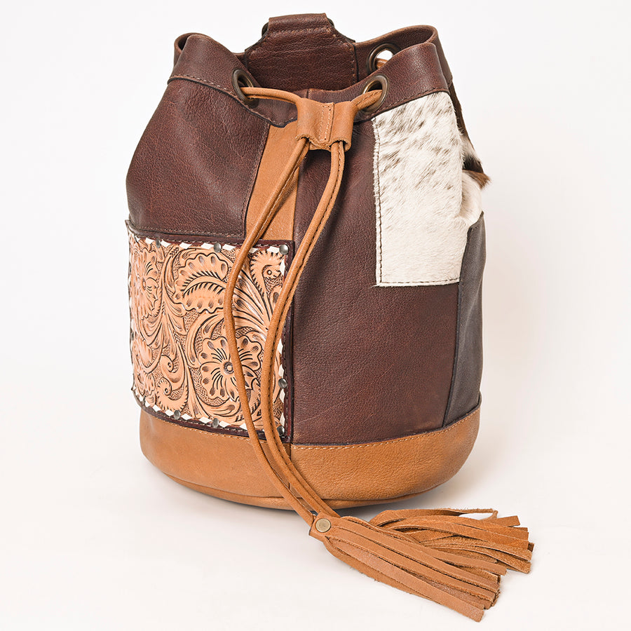 American Darling Western Leather Bucket Bag with Hair-On Cowhide Patches and Tooled Leather Accent - Uhorse