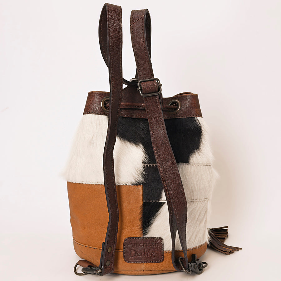 American Darling Western Leather Bucket Bag with Hair-On Cowhide Patchwork, Genuine Leather Build & Hand-Tooled Floral Accent for Everyday Western Style