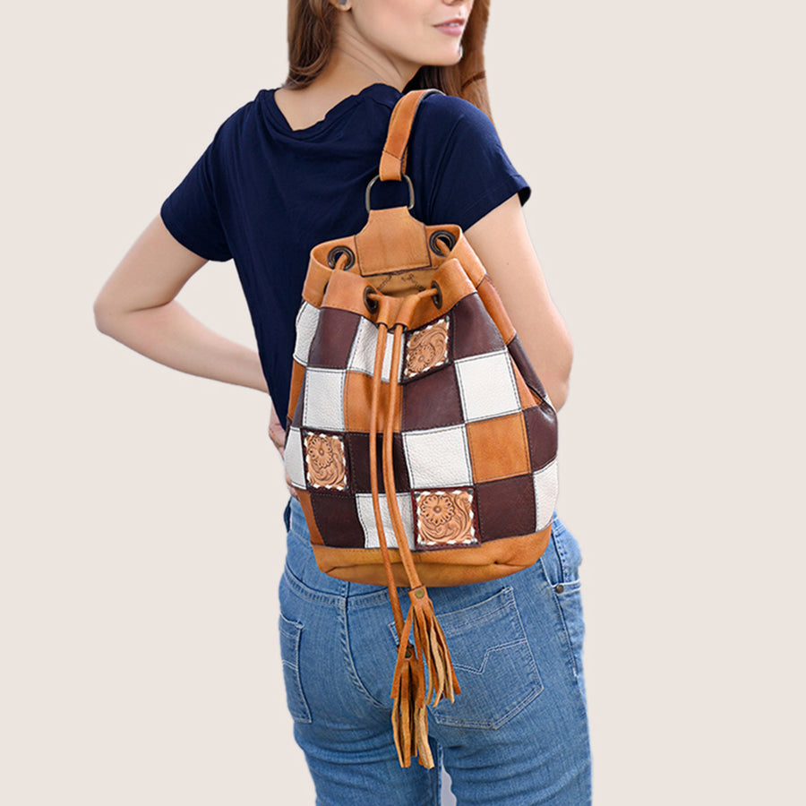 American Darling Western Leather Bucket Bag with Hair-On Cowhide Patchwork, Genuine Leather Build & Hand-Tooled Floral Accent for Everyday Western Style