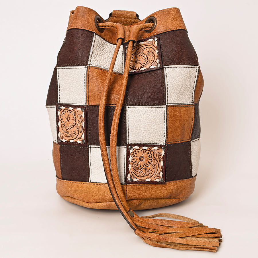 American Darling Western Leather Bucket Bag with Hair-On Cowhide Patchwork, Genuine Leather Build & Hand-Tooled Floral Accent for Everyday Western Style