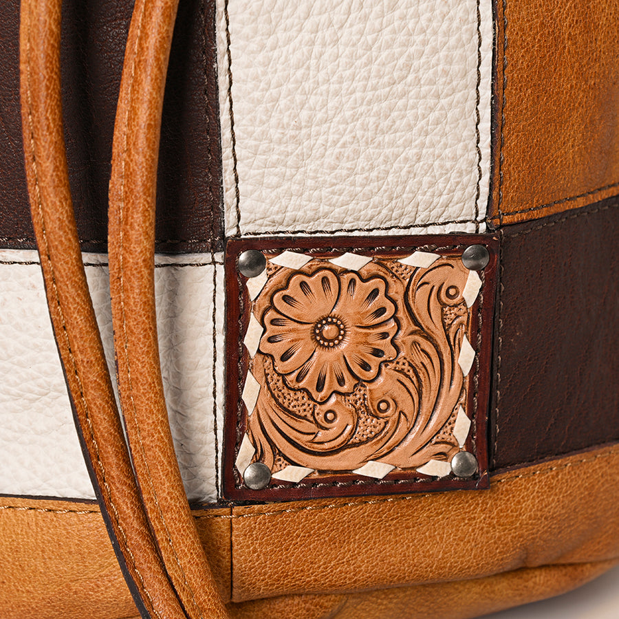 American Darling Western Leather Bucket Bag with Hair-On Cowhide Patchwork, Genuine Leather Build & Hand-Tooled Floral Accent for Everyday Western Style