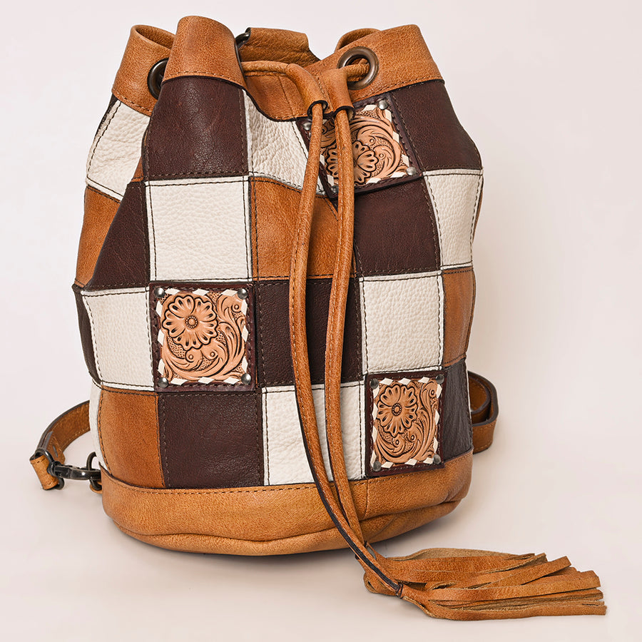 American Darling Western Leather Bucket Bag with Hair-On Cowhide Patchwork, Genuine Leather Build & Hand-Tooled Floral Accent for Everyday Western Style