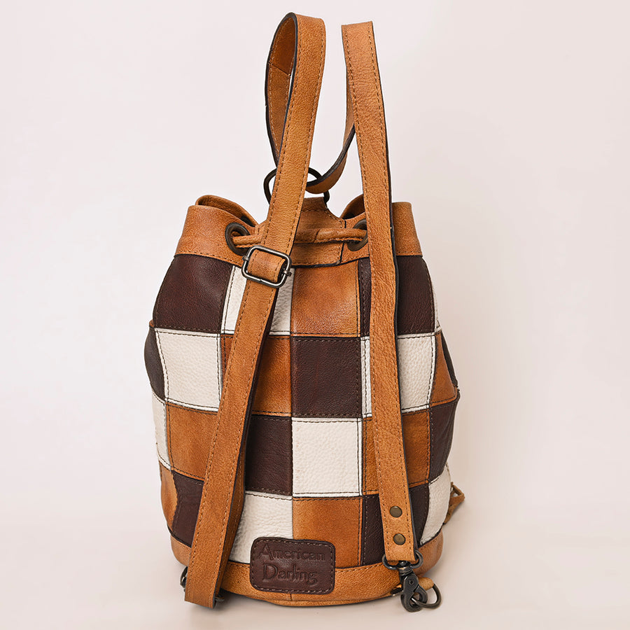 American Darling Western Leather Bucket Bag with Hair-On Cowhide Patchwork, Genuine Leather Build & Hand-Tooled Floral Accent for Everyday Western Style