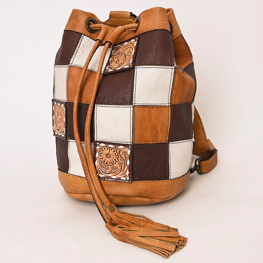 American Darling Western Leather Bucket Bag with Hair-On Cowhide Patches and Tooled Leather Accent - Uhorse