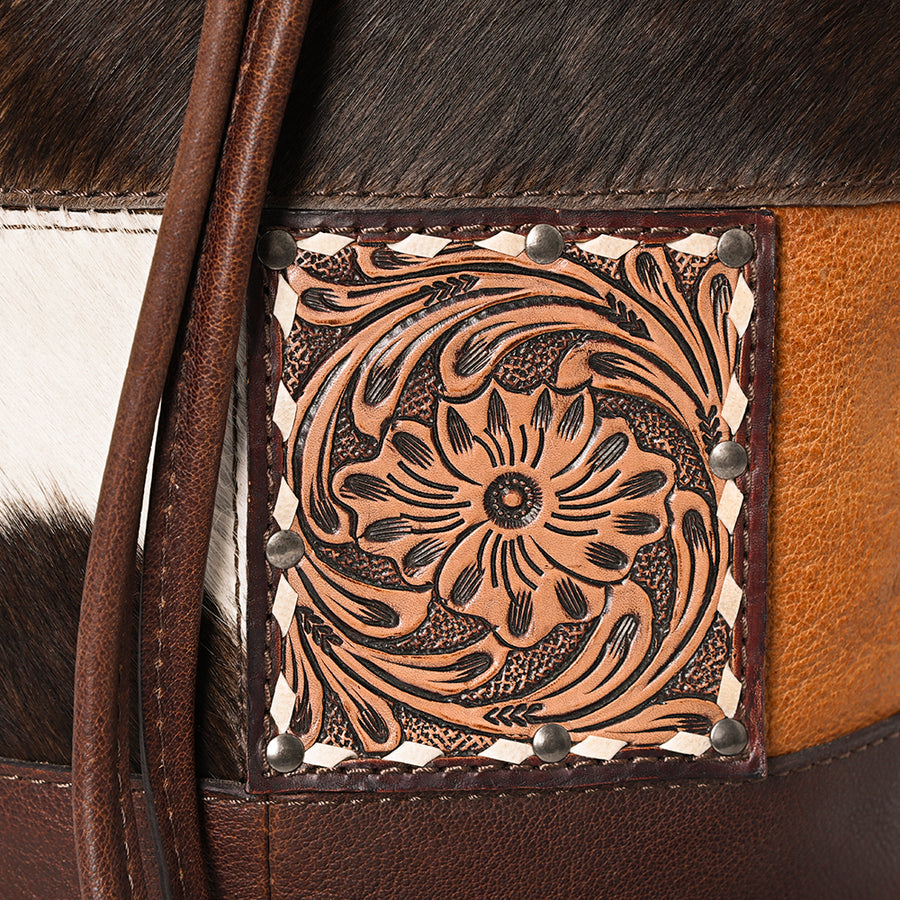 American Darling Western Leather Bucket Bag with Hair-On Cowhide Patchwork, Genuine Leather Build & Hand-Tooled Floral Accent for Everyday Western Style