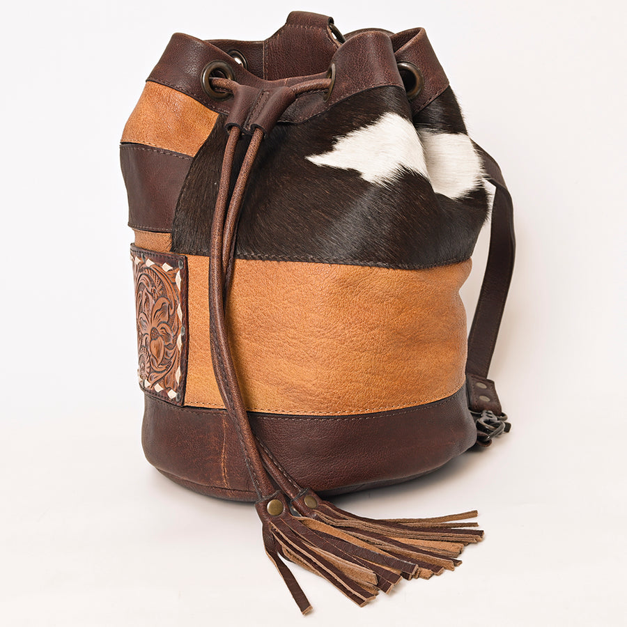 American Darling Western Leather Bucket Bag with Hair-On Cowhide Patchwork, Genuine Leather Build & Hand-Tooled Floral Accent for Everyday Western Style