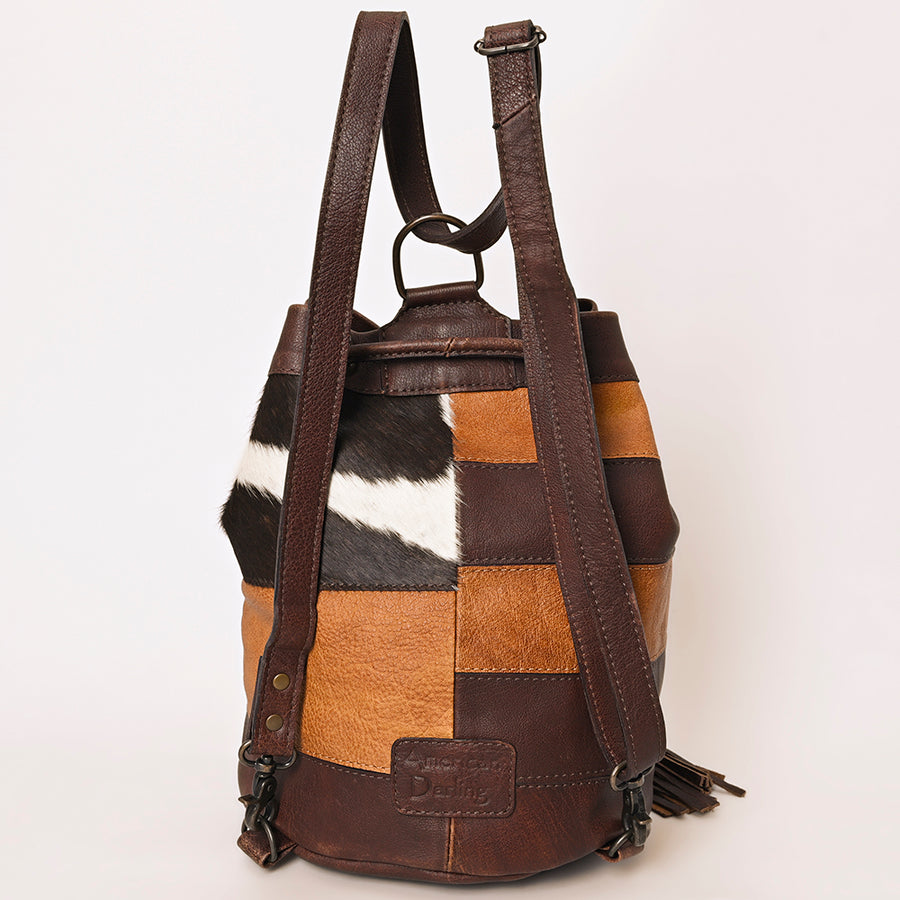 American Darling Western Leather Bucket Bag with Hair-On Cowhide Patchwork, Genuine Leather Build & Hand-Tooled Floral Accent for Everyday Western Style