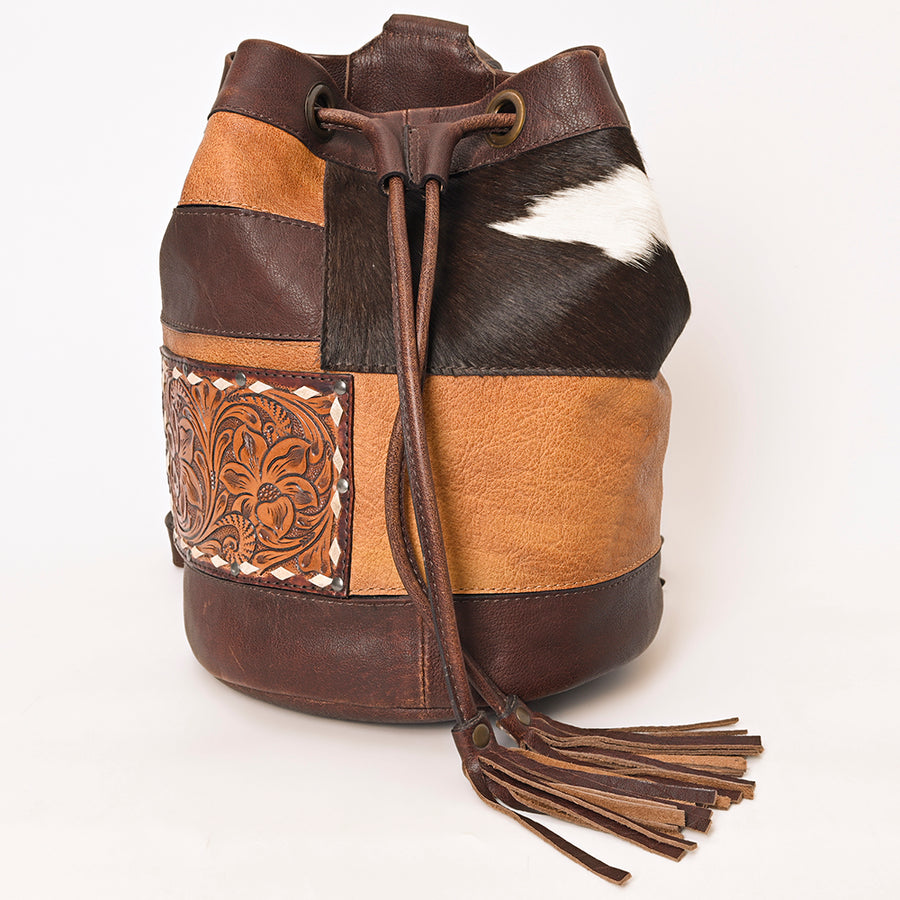 American Darling Western Leather Bucket Bag with Hair-On Cowhide Patches and Tooled Leather Accent - Uhorse