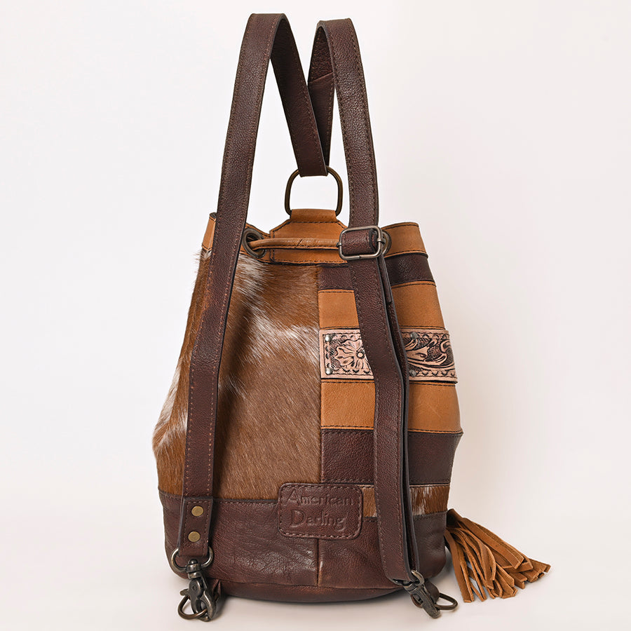 American Darling Western Leather Bucket Bag with Hair-On Cowhide Patchwork, Genuine Leather Build & Hand-Tooled Floral Accent for Everyday Western Style