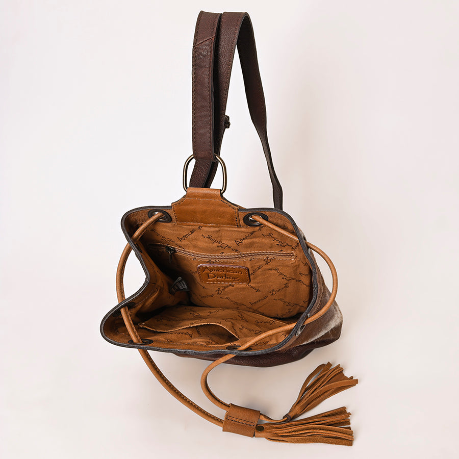 American Darling Western Leather Bucket Bag with Hair-On Cowhide Patchwork, Genuine Leather Build & Hand-Tooled Floral Accent for Everyday Western Style