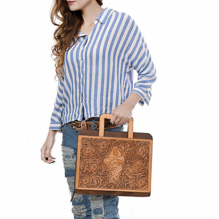 American Darling Western Briefcase Bag Hand Tooled Floral Carved Genuine Leather Office Organizer 10.5in (H) X 13in (W) X 1.5in (D)