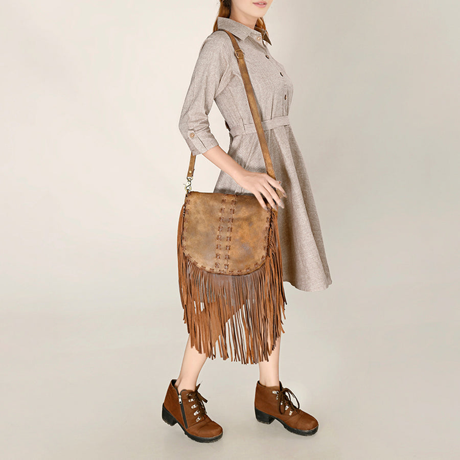 American Darling Western Leather Messenger Bag - Eco-Friendly Vegetable Tanned Full Grain Leather Fringe Purse with YKK Zipper
