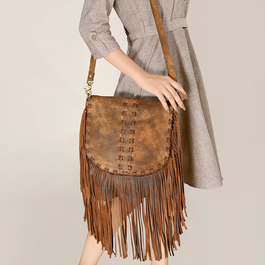 American Darling Western Leather Messenger Bag - Eco-Friendly Vegetable Tanned Full Grain Leather Fringe Purse with YKK Zipper