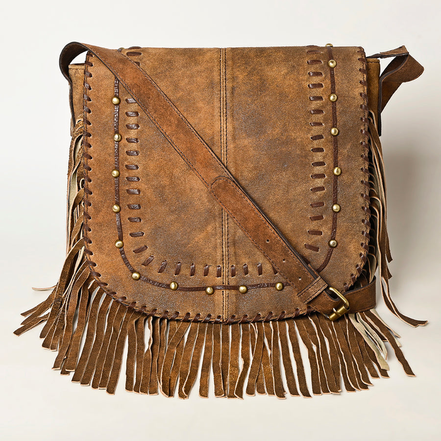 American Darling Western Leather Cross body Bag - Eco-Friendly Vegetable Tanned Full Grain Leather Braided Fringe Purse YKK Zipper