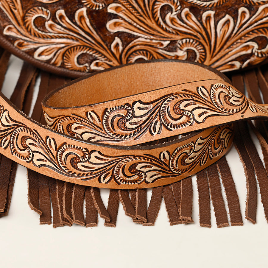 American Darling Hand Woven Saddle Blanket Canteen Bag Hand Tooled Leather Fringes Vegetable-Tanned Genuine Leather Western Crossbody YKK Zipper
